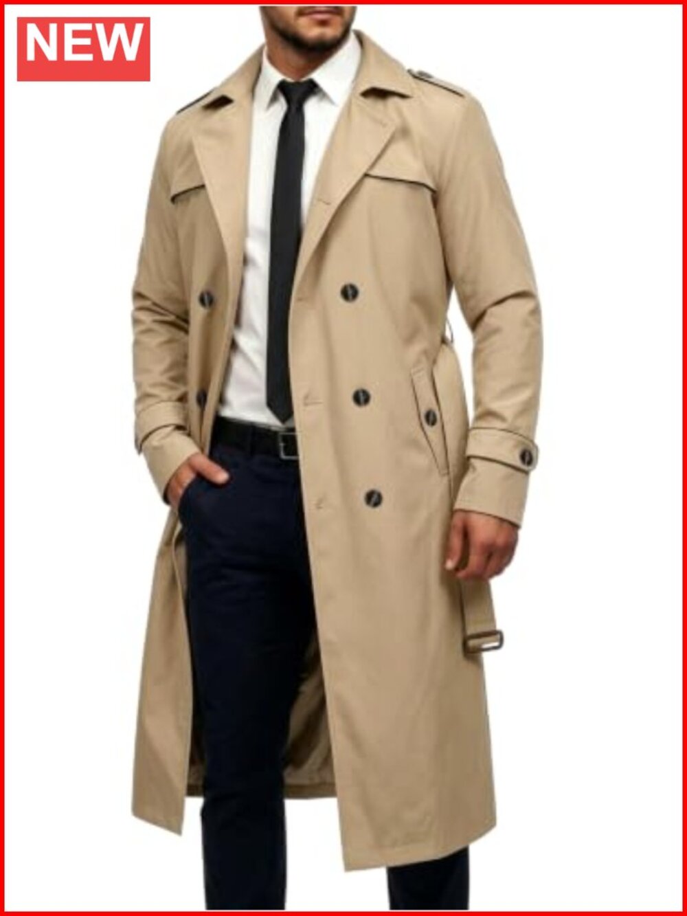Mens Trench Coat Double Breasted Notch Lapel Slim Fit Long Overcoat Windproof
